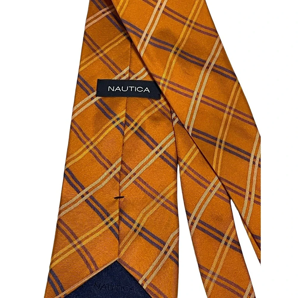 Nautica 100% Silk Tie‎ Orange Navy  Plaid Classic Preppy EUC Fast Shipping